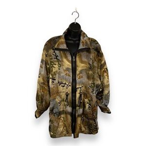LARGE VINTAGE COREY B SILK JACKET BEIGE BROWN ABSTRACT PRINT LONG SLEEVE 90s